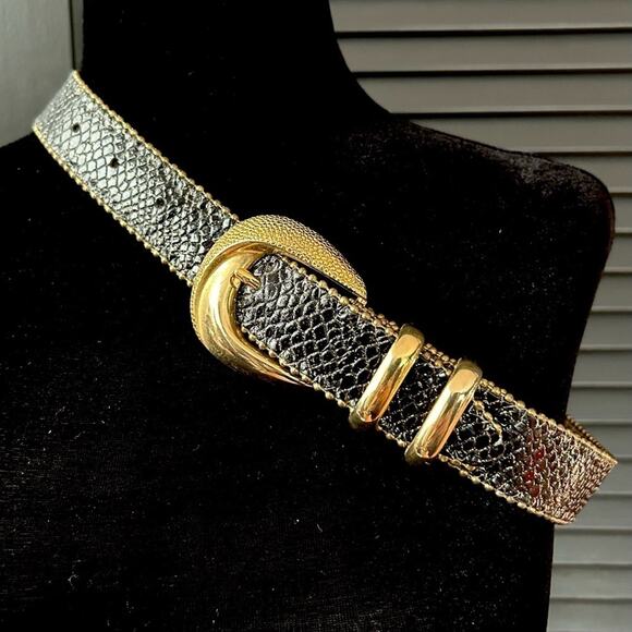 Simons Black Snakeskin Pattern, Gold Glitter Leather Belt, Gold Buckle Size XS/S main image 9